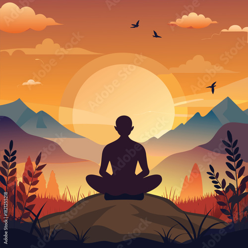 Meditation silhouette at sunset, peaceful scenery, serene nature vibes. meditation