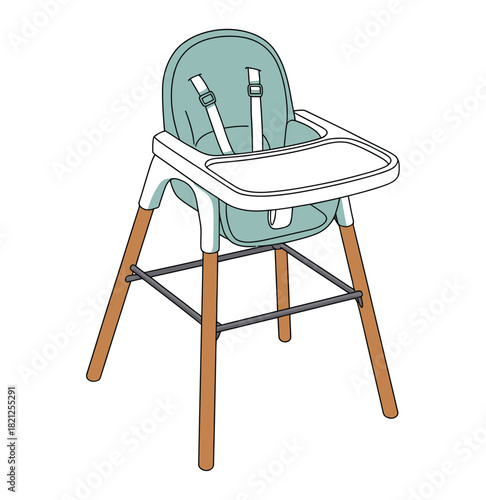 A modern high chair with wooden legs is ready for a meal.