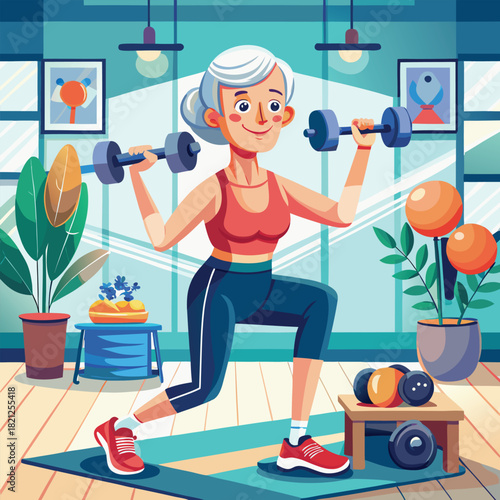 Elderly woman exercising with weights, healthy lifestyle, fitness concept. elderly