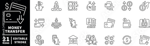 Money transfer icons set. editable line icons, banking, finance symbols