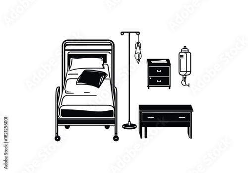 Hospital room illustration with bed iv stand and furniture in black and white sketch style