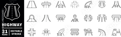 Highway icons set. editable line icons, outline, road and traffic symbols
