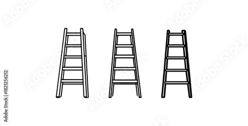 Three simple line art drawings of wooden step ladders of varying heights on a white background