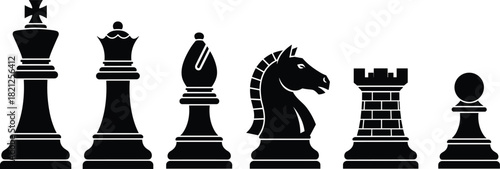 Set of Classic Black Chess Pieces Silhouettes Vector, Including King, Queen, Bishop, Knight, Rook, and Pawn, Representing Strategy, Competition, Intelligence, and Gamesmanship on White Background.