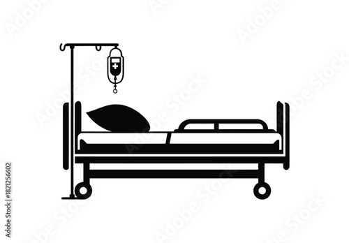 Simple line art illustration of a hospital bed with an iv drip stand
