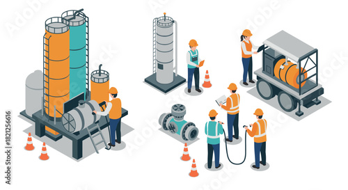 Isometric industrial workers and equipment scene with safety gear and machinery
