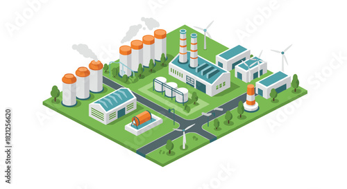Isometric industrial plant with green energy elements and pollution control