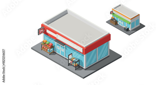 Isometric convenience store design with 24-hour service and modern architecture