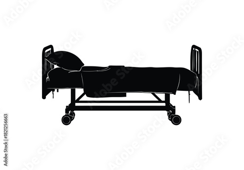 Silhouette of a hospital bed with pillow and blanket on white background