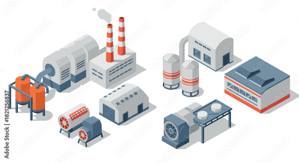 Obraz premium Isometric industrial buildings and factories set with chimneys and machinery