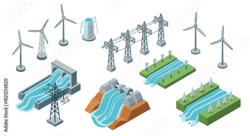 Isometric renewable energy elements featuring wind turbines and hydroelectric dams
