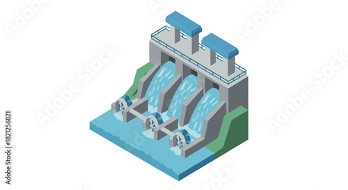 Isometric hydroelectric power station with flowing water turbines