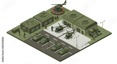 Isometric military base with tanks and helicopters in modern flat design