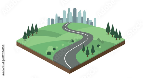 Isometric urban landscape with green hills and city skyline