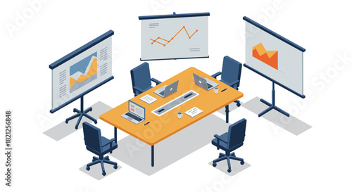 Modern office meeting room setup with projection screens and graph displays