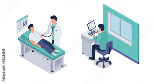 Isometric healthcare consultation and telemedicine scene