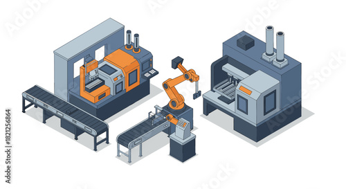 Modern industrial automation equipment with conveyor and robotic arm in isometric style
