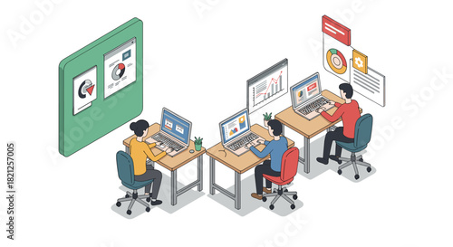 Isometric office teamwork: professionals analyzing data in a collaborative workspace