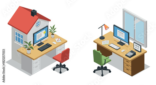 Isometric home office setup: remote work and office environment with desk and computer