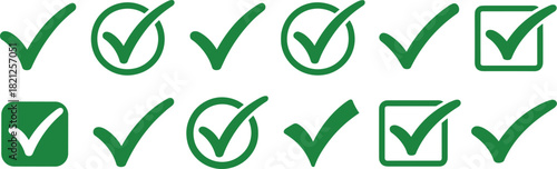 Green check mark icons in various styles and containers tick correct