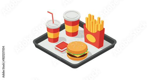 Isometric fast food tray with burger, fries, and drinks in bold colors
