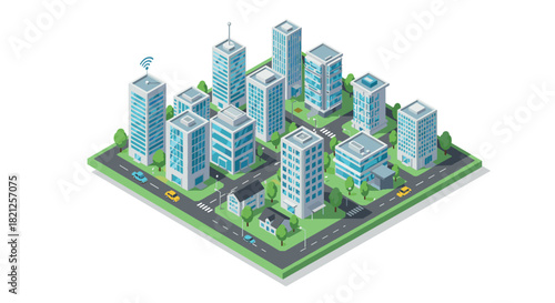 Modern isometric cityscape with urban buildings and green spaces