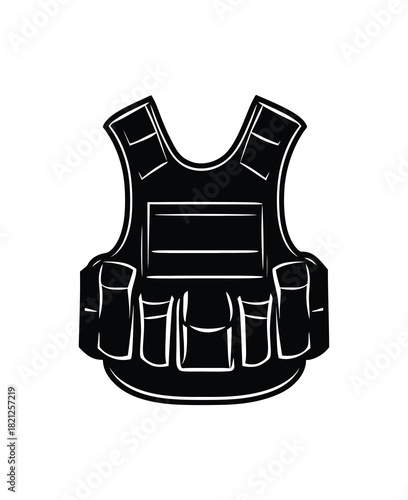 Black silhouette of a tactical vest with multiple pouches and compartments