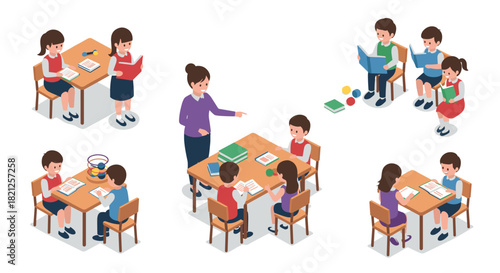 Isometric classroom activities with students and teacher in learning environment