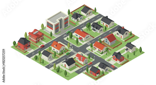 Isometric suburban neighborhood with streets and modern houses