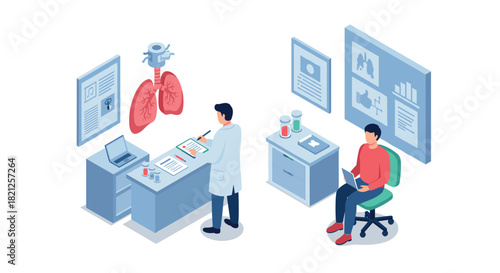 Modern medical office with doctor and patient in isometric design
