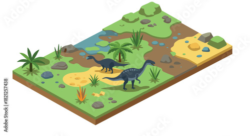 Isometric dinosaur landscape with prehistoric forest and river