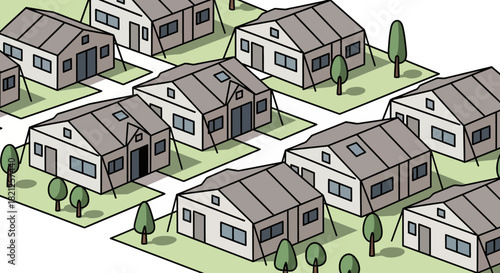 An aerial view temporary refugee camp with rows identical tents set up on grid pattern with green grass and trees