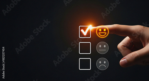 Hand Tapping Happy Face Checkbox for Maximum Customer Satisfaction Survey Response: Positive Feedback and Excellent Service Rating