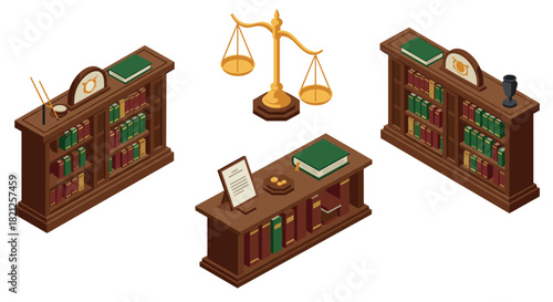Isometric law office furniture and justice symbols with books and scales