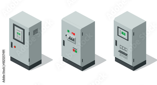 Isometric industrial control panels with modern interfaces and buttons