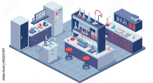 Modern isometric laboratory workspace with scientific equipment and experiments
