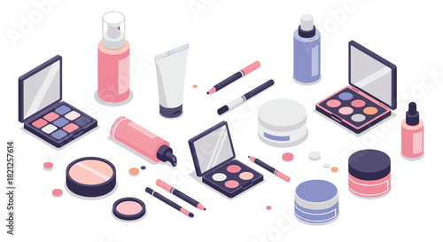 Isometric makeup essentials arrangement in pastel tones