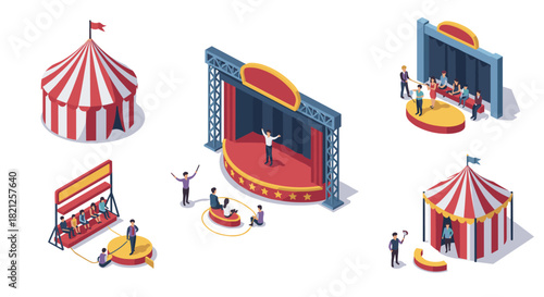 Isometric circus scene with tents, stage, and performers in a lively carnival setting