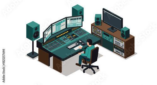 Modern isometric audio studio with engineer at work in digital sound control room