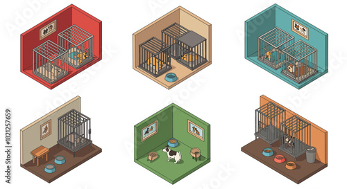 Isometric animal shelter rooms with pets in cages and playful elements