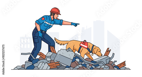 Search and rescue worker with dog searching through rubble, likely after an earthquake or building collapse, highlighting disaster response and k9 unit assistance