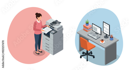 Isometric office scene with woman using printer and desk setup with dual monitors