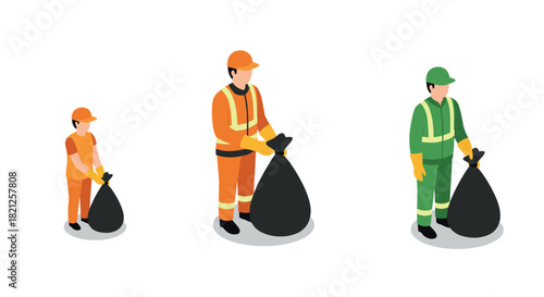Isometric sanitation workers with garbage bags in protective gear