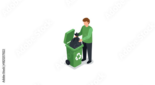 Isometric recycling action: person disposing of trash in green bin