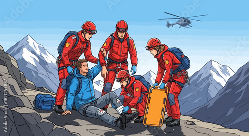Mountain rescue team providing assistance to an injured climber in snowy, mountainous terrain, with helicopter in the