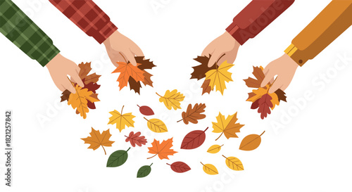 Hands collecting colorful autumn leaves on white background