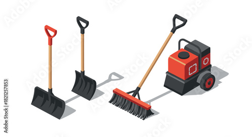 Isometric cleaning tools set with shovels and sweeping machine on white background