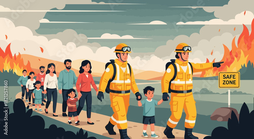 Firefighters guiding group people, including children, away from raging wildfire towards safe zone, illustrating evacuation and disaster response