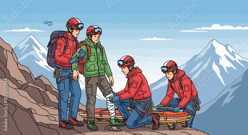 Team mountain rescuers in red jackets and helmets tending to an injured person on stretcher amidst rugged, snowy mountain landscape with helicopter in the distance