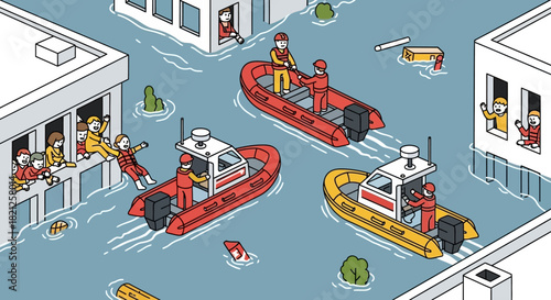 Flood rescue scene with boats navigating through submerged city streets, rescuing people from flooded buildings, showcasing disaster relief efforts during natural catastrophe